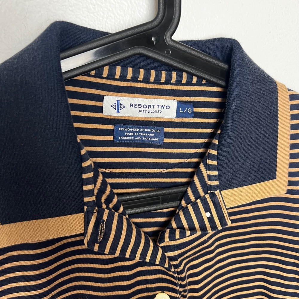 Joey Rodolfo Resort‎ Two Mens Striped Polo Shirts Set of 2 Tan Blue Cream L VTG - Picture 9 of 13